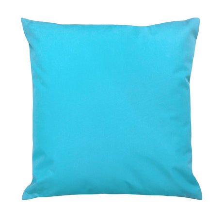 Square Ibiza Abstract Polyester Cushion in plain turquoise blue, shown reverse side on a white background, 43 x 43cm.