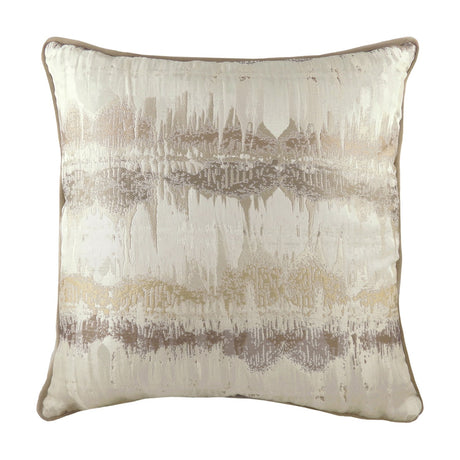 Inca Velvet Linen Cushion in Mocha, square with abstract jacquard front in cream and neutral tones with metallic gold and silver threads, mocha piped edge, shown on a white background.