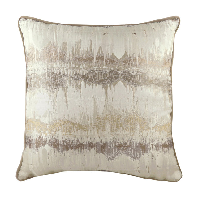 Inca Velvet Linen Cushion in Mocha, square with abstract jacquard front in cream and neutral tones with metallic gold and silver threads, mocha piped edge, shown on a white background.