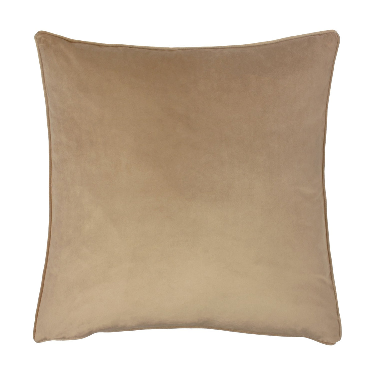 Inca Velvet Linen Cushion in mocha, shown reverse side with plain velvet-feel finish and matching piped edge, on a white background.