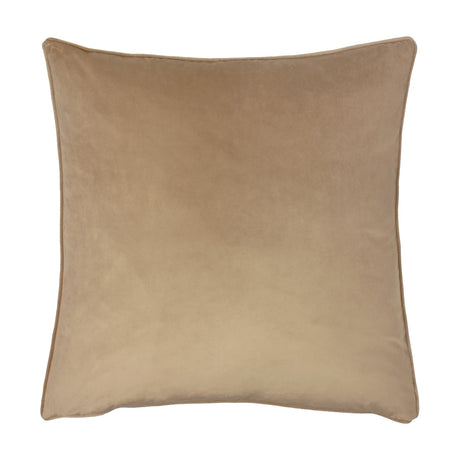 Inca Velvet Linen Cushion in mocha, shown reverse side with plain velvet-feel finish and matching piped edge, on a white background.