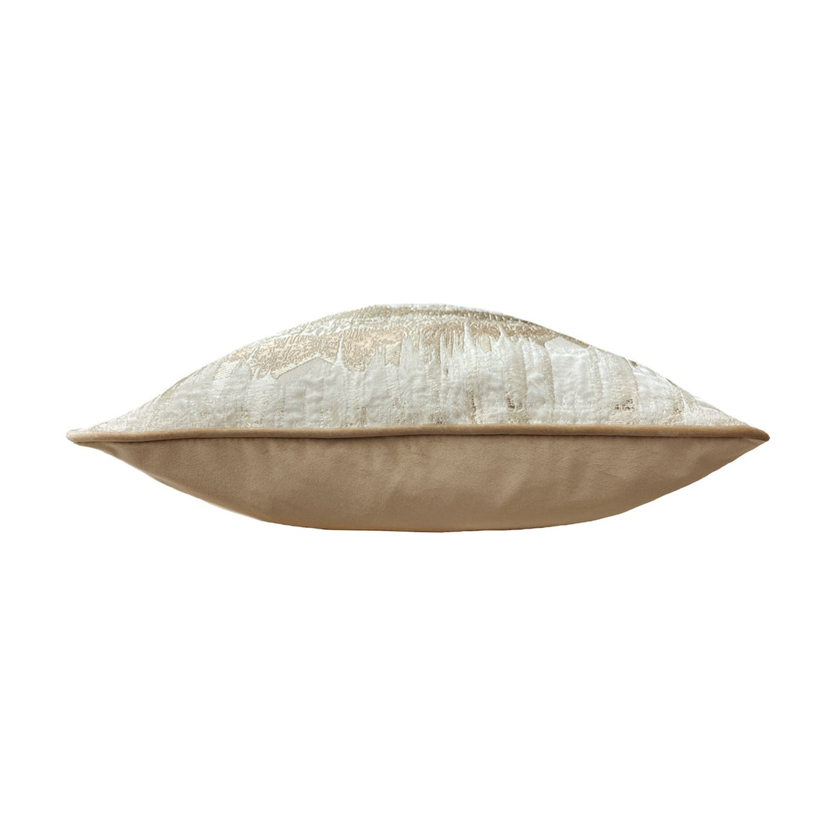Inca Velvet Linen Cushion in Mocha, side view showing cream jacquard front with metallic gold and silver threads and a solid mocha velvet reverse with piped edge, on a white background.