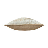 Inca Velvet Linen Cushion in Mocha, side view showing cream jacquard front with metallic gold and silver threads and a solid mocha velvet reverse with piped edge, on a white background.