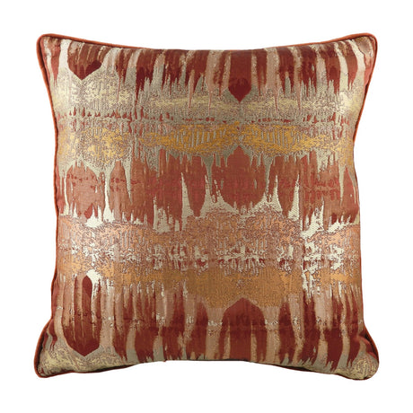 Inca Velvet Linen Cushion in Terracotta with a woven jacquard front featuring an abstract, weathered-stone pattern in gold, silver and rust tones, shown against a plain white background.