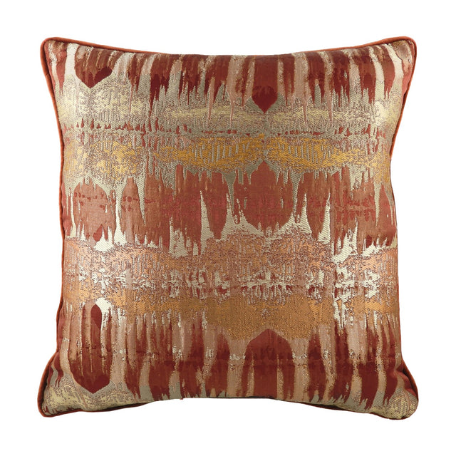 Inca Velvet Linen Cushion in Terracotta with a woven jacquard front featuring an abstract, weathered-stone pattern in gold, silver and rust tones, shown against a plain white background.