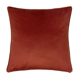 Inca Velvet Linen Cushion in Terracotta, showing the plain velvet-feel reverse in solid deep terracotta with a piped edge, photographed on a plain white background.