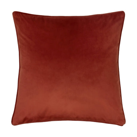 Inca Velvet Linen Cushion in Terracotta, showing the plain velvet-feel reverse in solid deep terracotta with a piped edge, photographed on a plain white background.