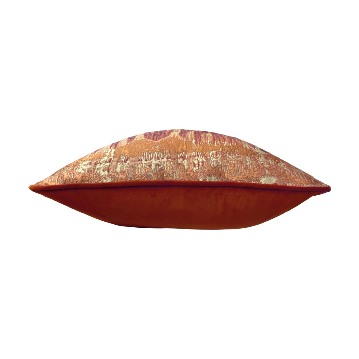 Inca Velvet Linen Cushion in terracotta, shown side-on with jacquard front in gold, silver and rust abstract pattern and plain terracotta velvet reverse, on a white background.