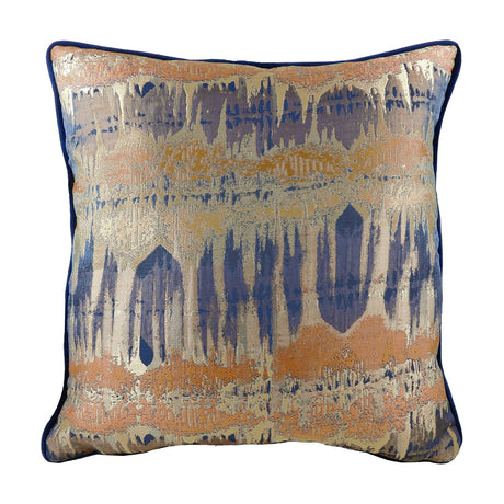 Inca Jacquard Velvet Cushion in royal blue, gold and orange with an abstract woven pattern and navy piped edge, shown on a plain white background.
