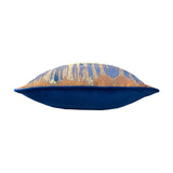 Side view of the Inca Jacquard Velvet Cushion showing its plump square shape, with a woven abstract blue, gold and silver front and plain royal blue velvet reverse, set against a white background.