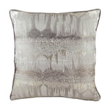 Inca Jacquard Velvet Cushion in steel grey, square with piped edges, featuring an abstract metallic gold and silver textured pattern on a plain white background.