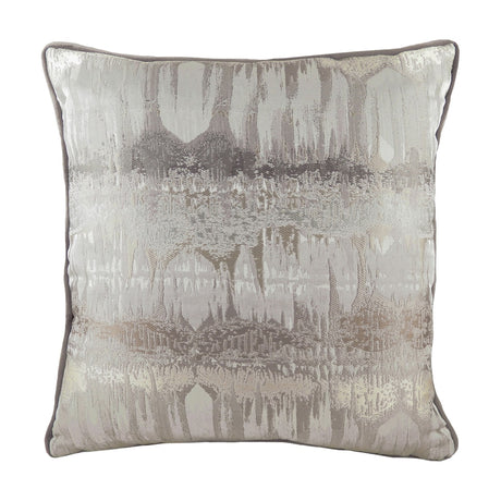 Inca Jacquard Velvet Cushion in steel grey, square with piped edges, featuring an abstract metallic gold and silver textured pattern on a plain white background.