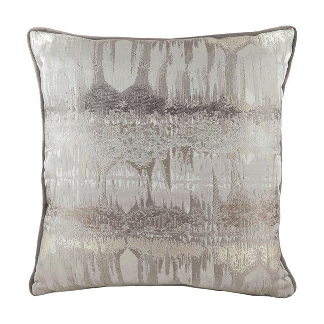 Inca Jacquard Velvet Cushion in steel grey, square with piped edges, featuring an abstract metallic gold and silver textured pattern on a plain white background.