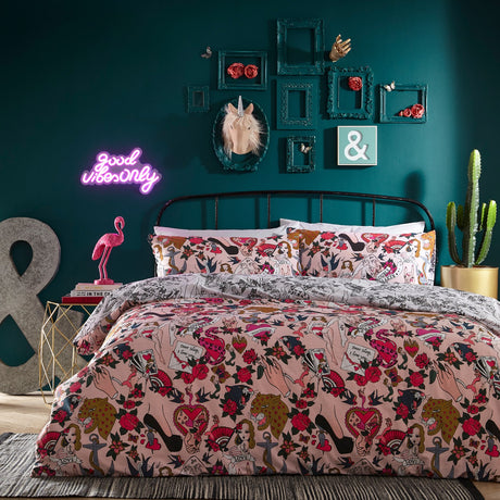 Inked Reversible Abstract Duvet Cover Set - Blush