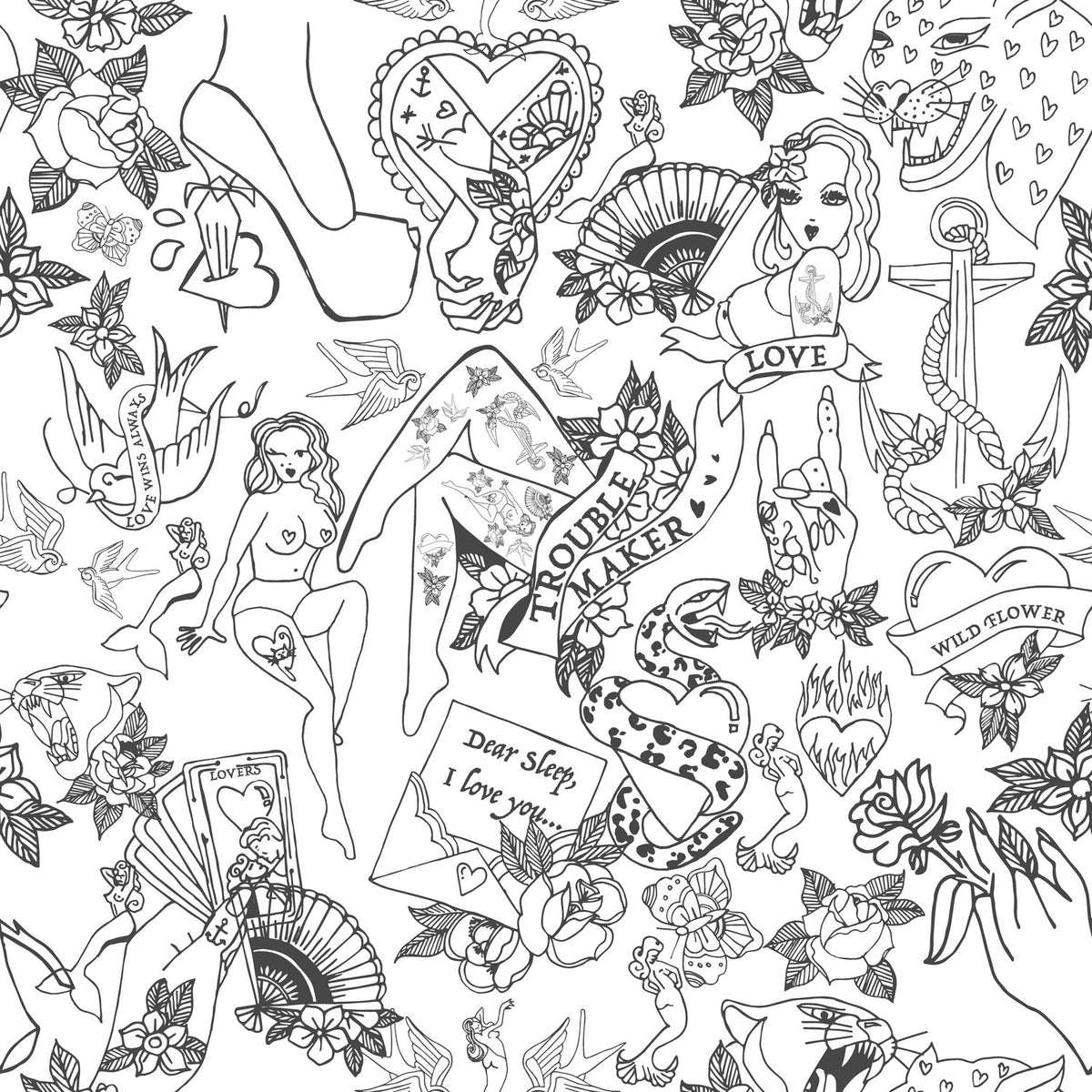 Reversible Inked Abstract Duvet Cover Set in Blush, shown on the reverse with black-and-white tattoo-style line art featuring pin-up figures, hearts, roses and Trouble Maker and Wild Flower banners.
