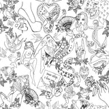 Reversible Inked Abstract Duvet Cover Set in Blush, shown on the reverse with black-and-white tattoo-style line art featuring pin-up figures, hearts, roses and Trouble Maker and Wild Flower banners.