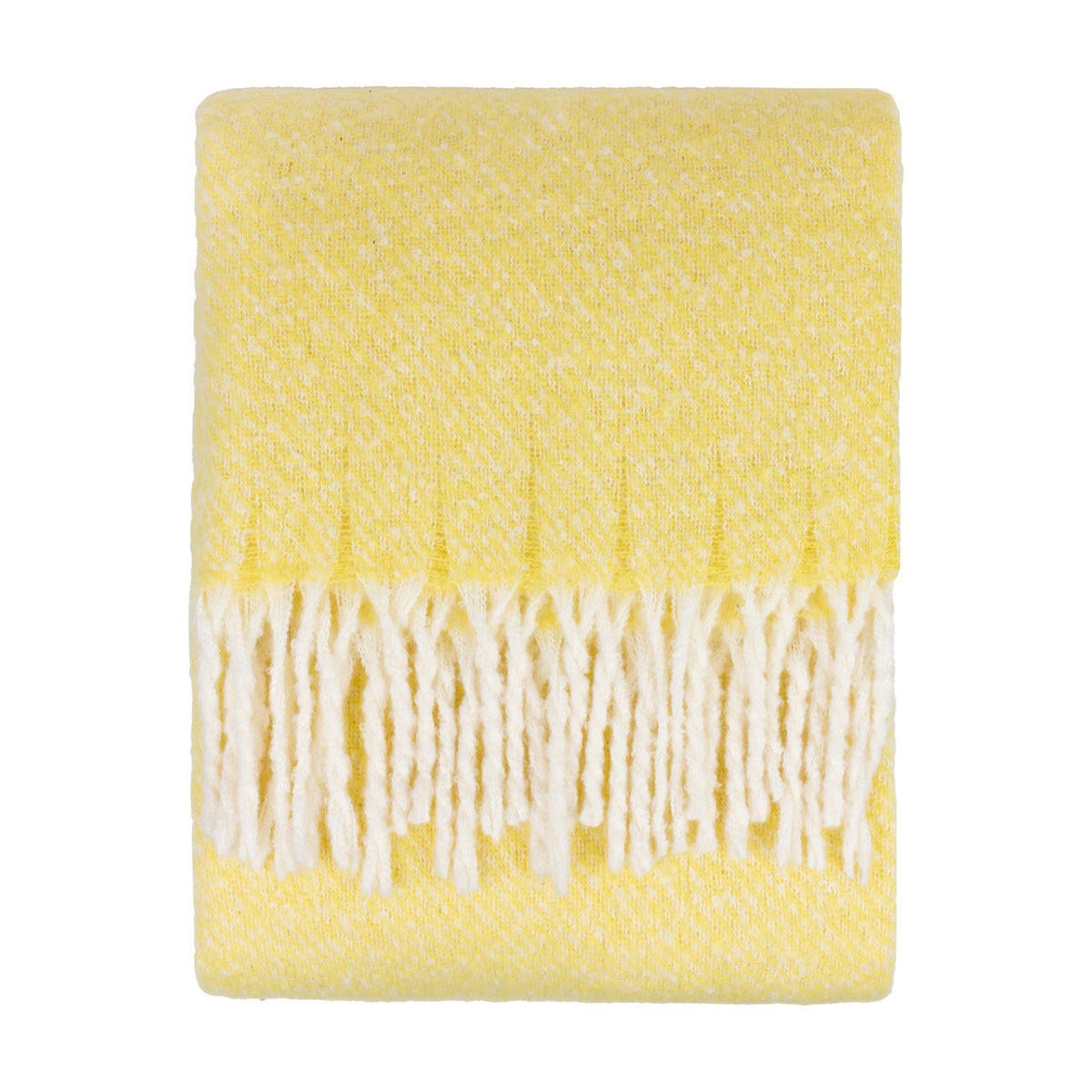 Isla Plain Polyester Throw in butter yellow, folded with a woven flecked texture and long cream tasselled fringe, shown on a plain white background.