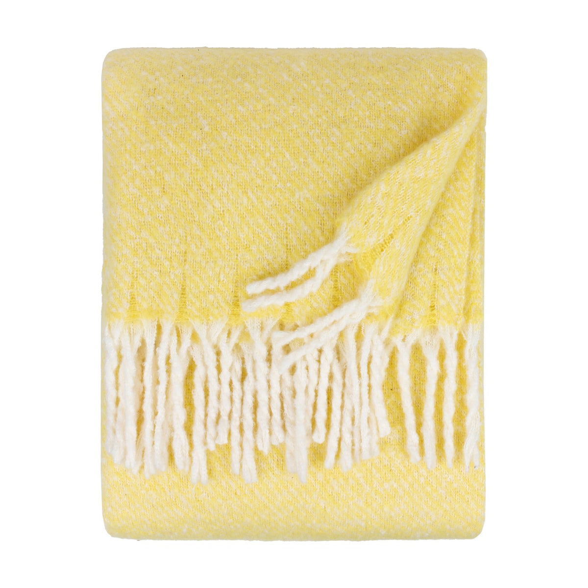 Isla Plain Polyester Throw in butter yellow, folded to show a woven cream-flecked texture and white tasselled fringe, on a plain white background.