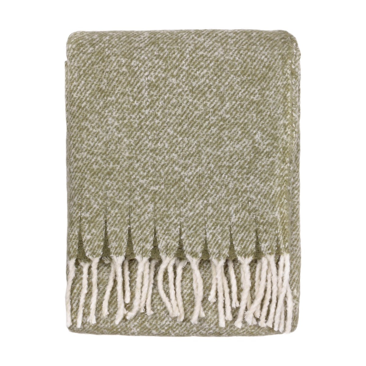 Isla Plain Polyester Throw in sage green, folded to show a mottled two-tone weave with cream tasselled fringing, on a plain white background.