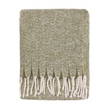 Isla Plain Polyester Throw in sage green, folded to show a mottled two-tone weave with cream tasselled fringing, on a plain white background.