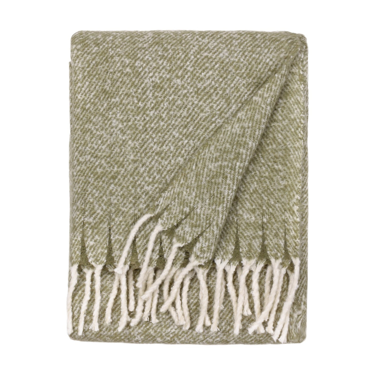 Isla Plain Polyester Throw in sage green, folded to show a two-tone woven texture with cream tasselled fringing, on a plain white background.