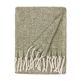 Isla Plain Polyester Throw in sage green, folded to show a two-tone woven texture with cream tasselled fringing, on a plain white background.