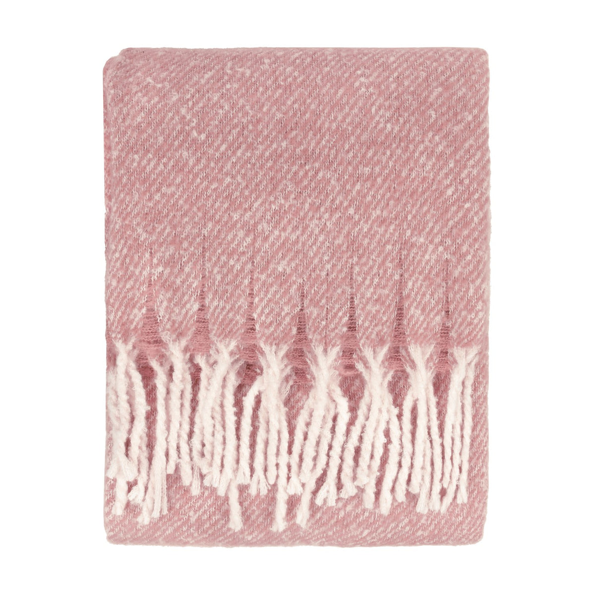 Isla Plain Polyester Throw in Heather, a folded dusky pink blanket with a heathered flecked weave and white tasselled fringe, shown on a plain white background.
