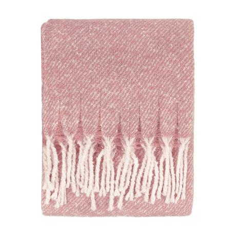 Isla Plain Polyester Throw in Heather, a folded dusky pink blanket with a heathered flecked weave and white tasselled fringe, shown on a plain white background.