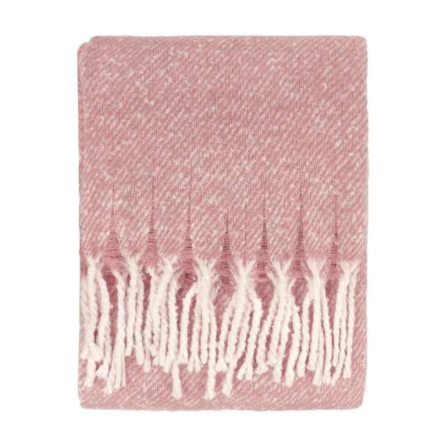 Isla Plain Polyester Throw in Heather, a folded dusky pink blanket with a heathered flecked weave and white tasselled fringe, shown on a plain white background.