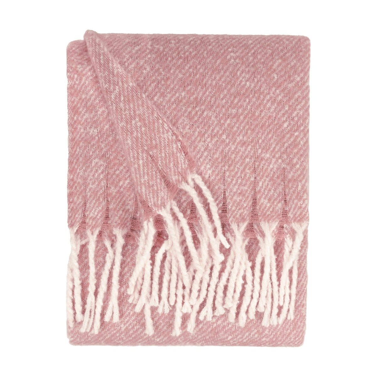 Isla Plain Polyester Throw in Heather, a folded dusky pink woven blanket with a flecked two-tone finish and long white tasselled fringe, shown on a plain white background.