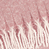 Close-up of the Isla Plain Polyester Throw in heather pink, showing the twill weave with pale flecks and a soft tasselled fringe trim.
