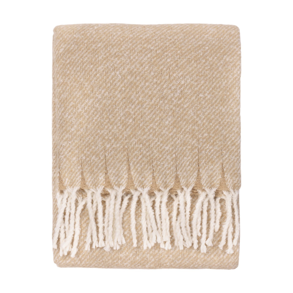 Isla Plain Polyester Throw in natural beige, folded with diagonal weave and cream flecks, edged with knotted white tassel fringe on a plain white background.