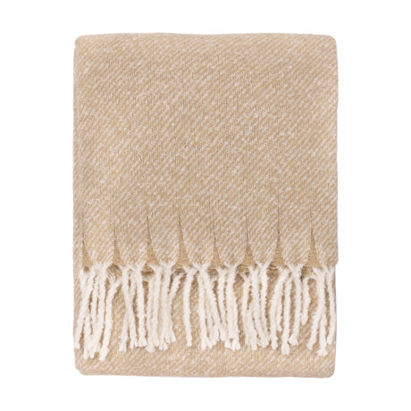Isla Plain Polyester Throw in natural beige, folded with diagonal weave and cream flecks, edged with knotted white tassel fringe on a plain white background.