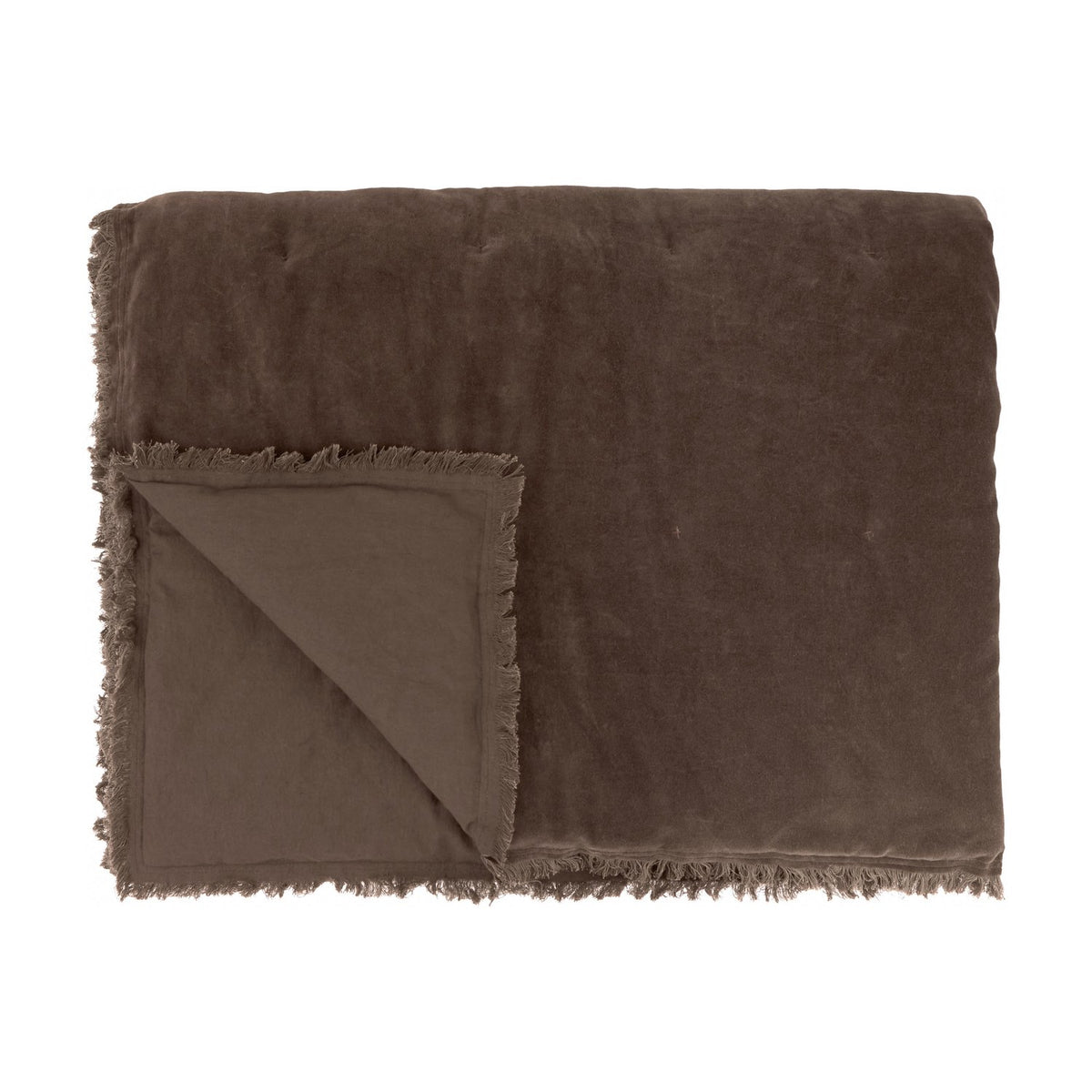 Jaye Velvet Cotton Bedspread in Bitter Chocolate, folded to show quilted brown velvet face and matte reverse with frayed fringe trim, on a white background.