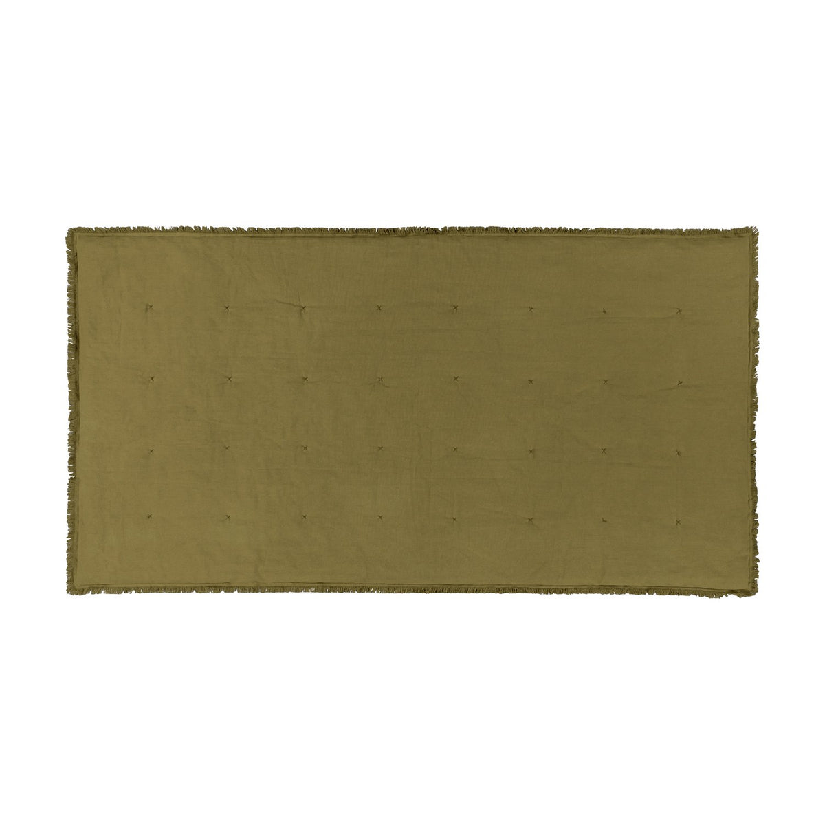 Jaye Velvet Cotton Bedspread in Moss, a plain olive green quilted throw with subtle tufted detailing and fringed edges, shown flat on a white background.