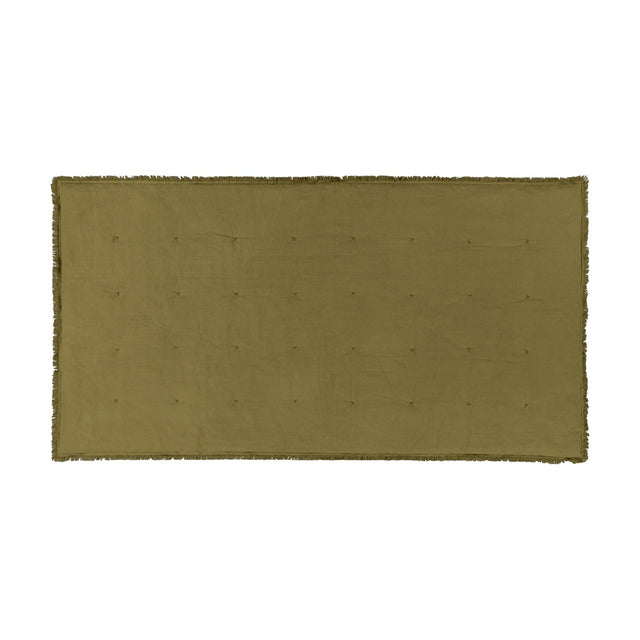 Jaye Velvet Cotton Bedspread in Moss, a plain olive green quilted throw with subtle tufted detailing and fringed edges, shown flat on a white background.
