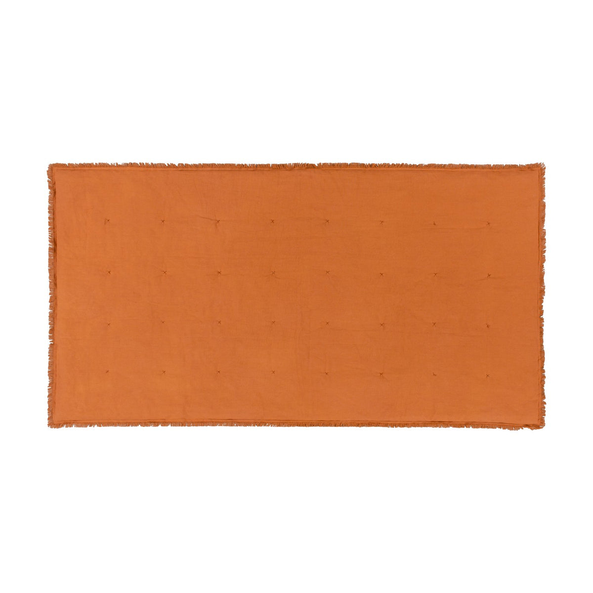 Jaye Velvet Cotton Bedspread in rust orange, shown flat with a fringed edge trim and subtle quilted stitch detail, on a plain white background.