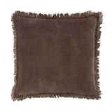 Jaye Velvet Cotton Cushion in bitter chocolate brown, square shape with frayed fringe edging, shown on a plain white background.