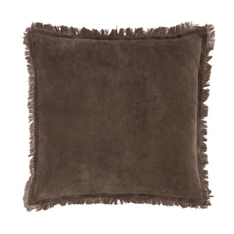 Jaye Velvet Cotton Cushion in bitter chocolate brown, square shape with frayed fringe edging, shown on a plain white background.