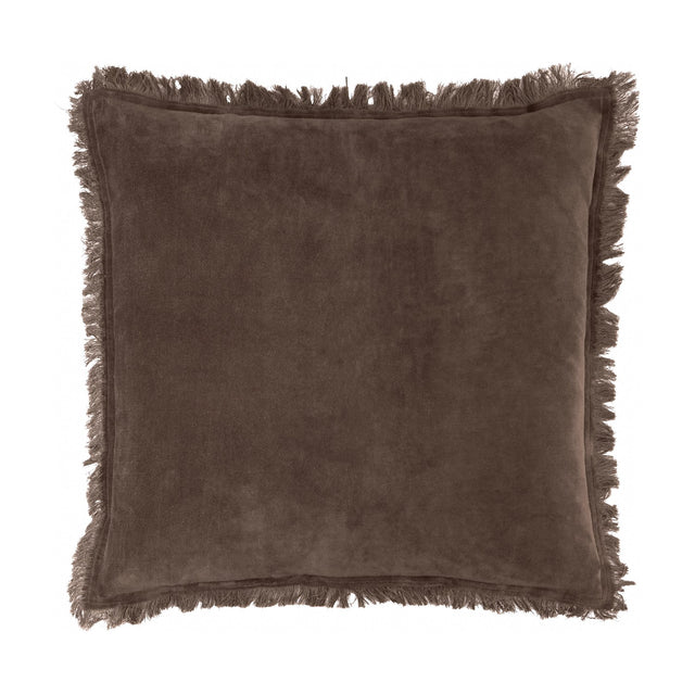 Jaye Velvet Cotton Cushion in bitter chocolate brown, square shape with frayed fringe edging, shown on a plain white background.