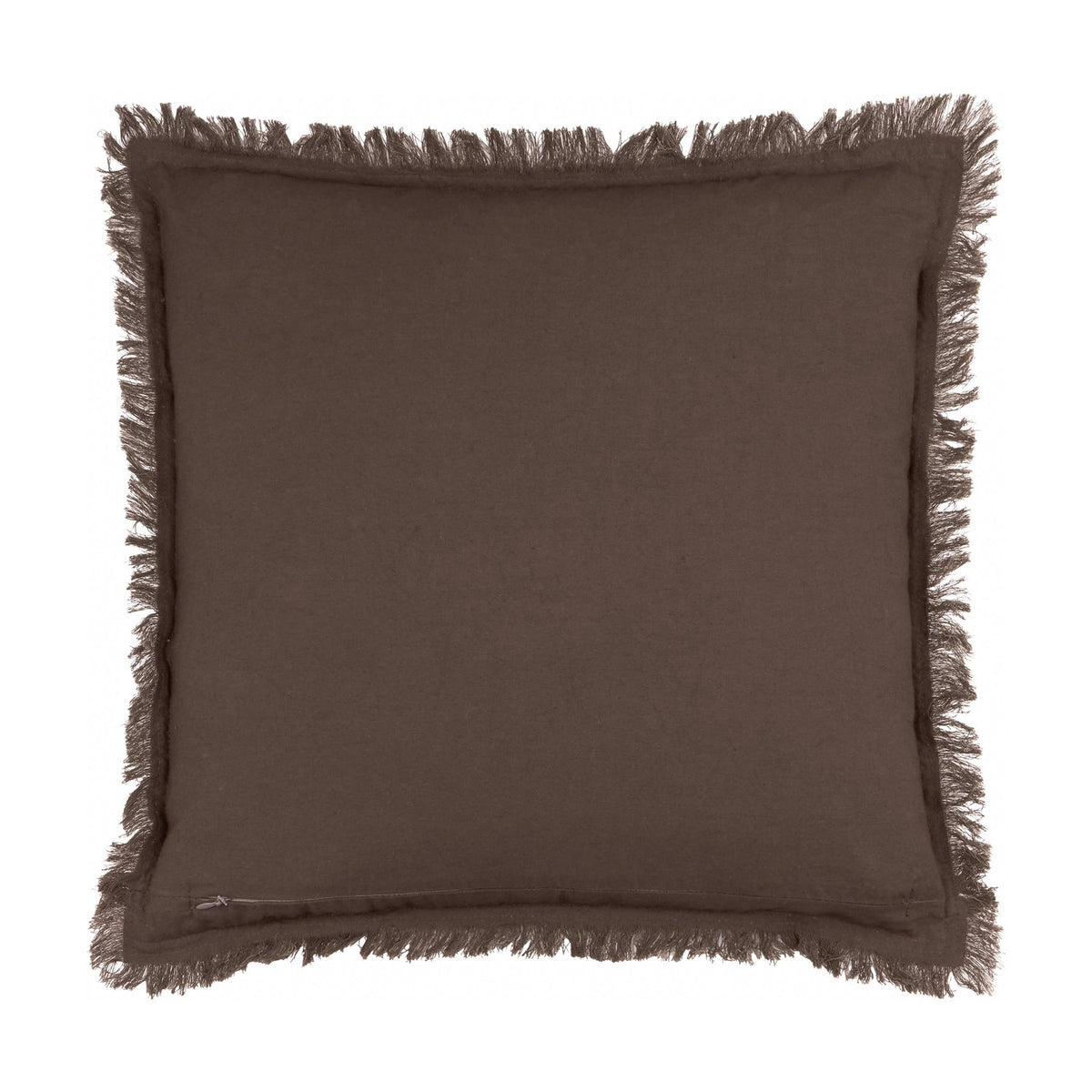 Jaye Velvet Cotton Cushion in bitter chocolate brown, square shape with fringed edge trim, shown on a plain white background.