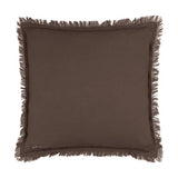 Jaye Velvet Cotton Cushion in bitter chocolate brown, square shape with fringed edge trim, shown on a plain white background.