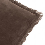 Close-up of the Jaye Velvet Cotton Cushion in bitter chocolate brown, showing the soft cotton velvet pile and fringed edge detail against a white background.
