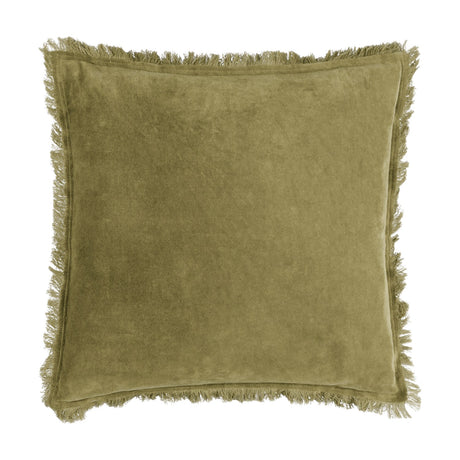 Jaye Velvet Cotton Cushion in moss green, square with fringed edges on all four sides, shown on a plain white background.