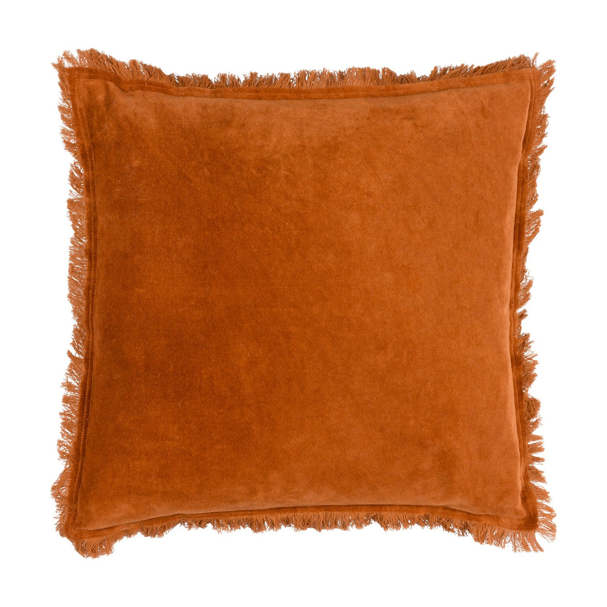 Jaye Velvet Cotton Cushion in rust orange, square with fringed trim along all four edges, plain velvet front shown on a white background.