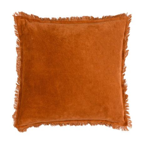 Jaye Velvet Cotton Cushion in rust orange, square with fringed trim along all four edges, plain velvet front shown on a white background.
