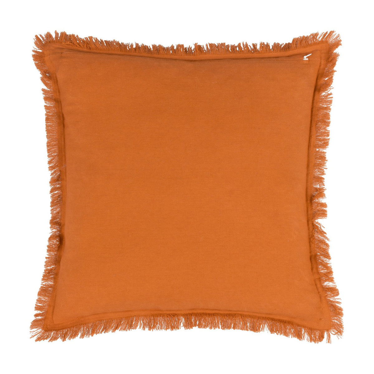 Jaye Velvet Cotton Cushion in rust orange, square shape with fringed trim along all four edges, shown on a plain white background.