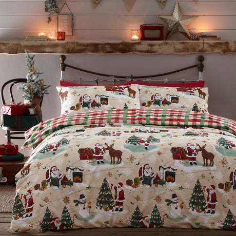 Jolly Santa Printed Gingham Duvet Cover Set - Multi