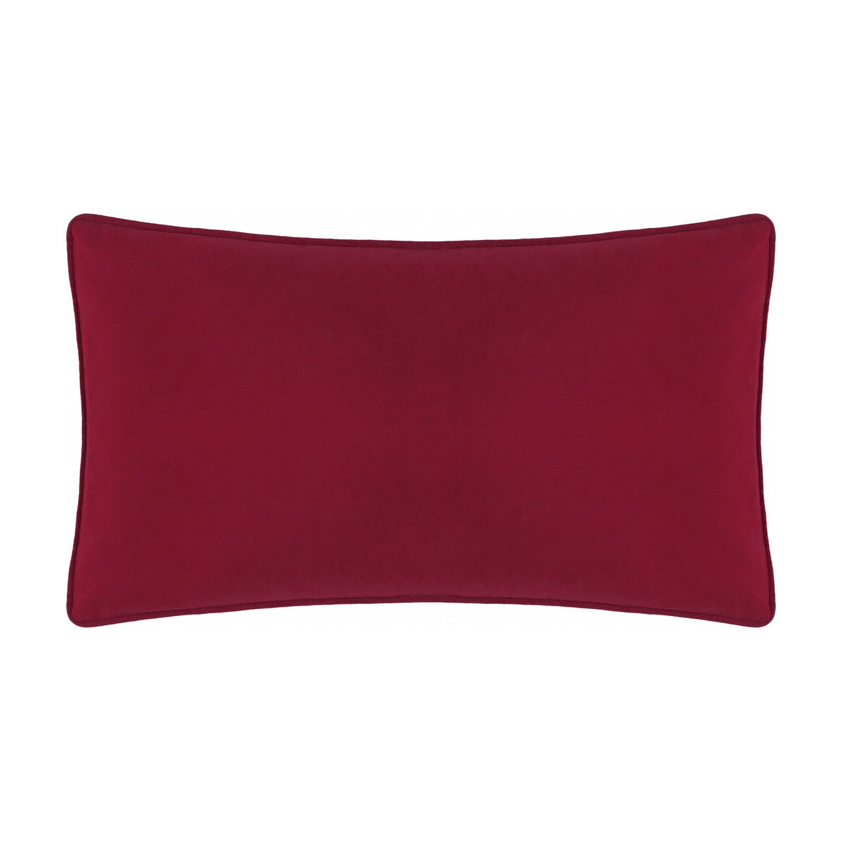 Rectangular velvet cushion in plain deep berry red, shown from the back with matching piped edge trim, photographed on a plain white background.