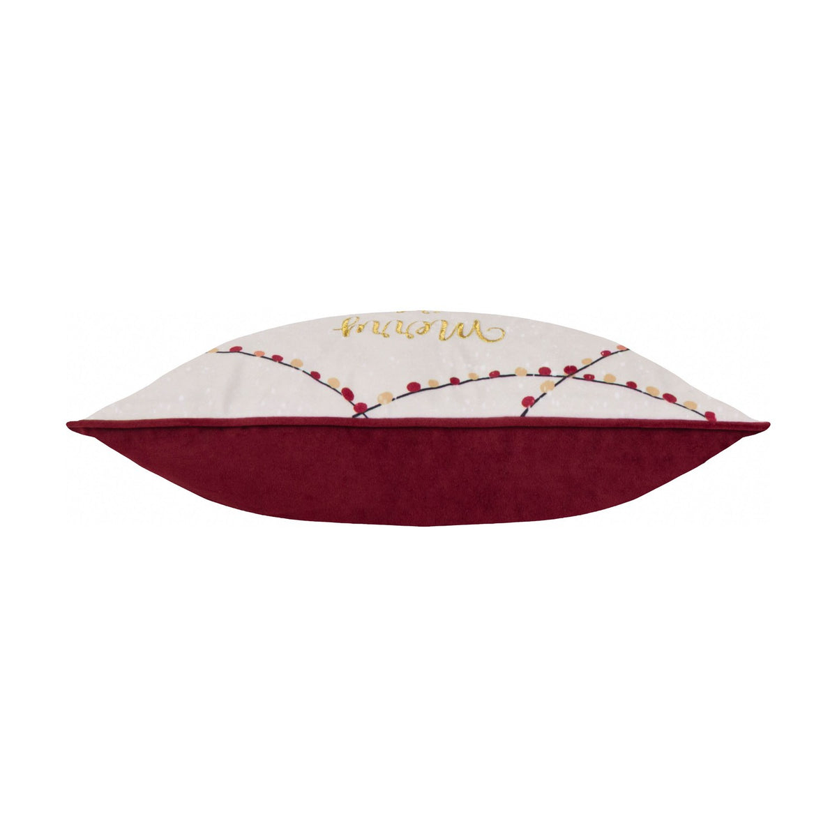 Side view of the Joy To All rectangular velvet cushion, showing cream front with embroidered "Mom" text and string-light motif, deep berry red back and piping, on a plain white background.